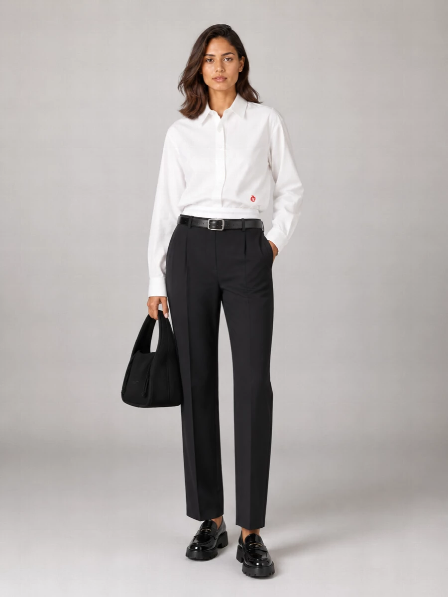 A crisp white Alexander Wang shirt sits over straight black logo-waist trousers for a clean, graphic take on tailored streetwear. Chunky patent loafers and a soft black shoulder bag keep it grounded and city-ready, while a slim black belt gives just enough definition. The result feels boyish, precise, and subtly branded without ever shouting.