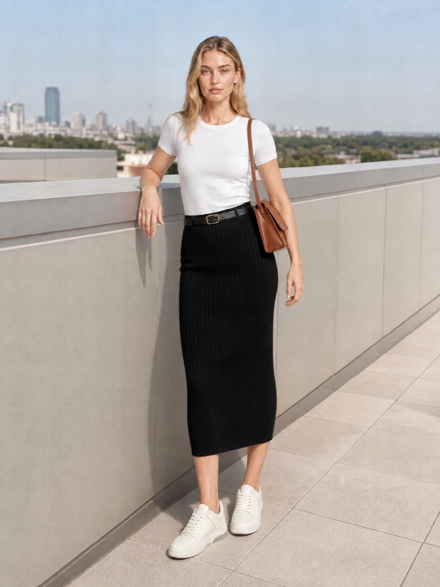 Vince tee black knit midi skirt apc bag