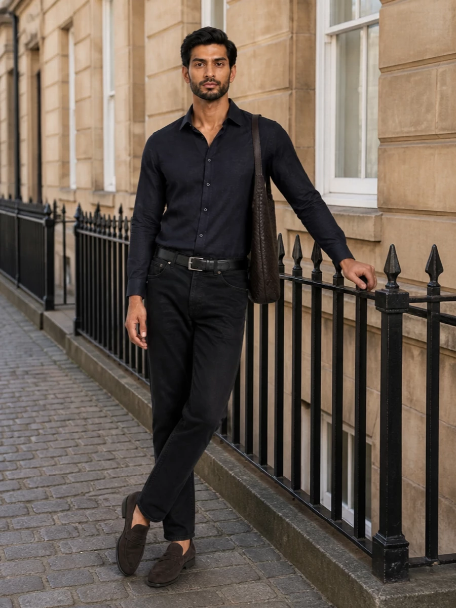 Etro paisley jeans navy shirt zegna loafers