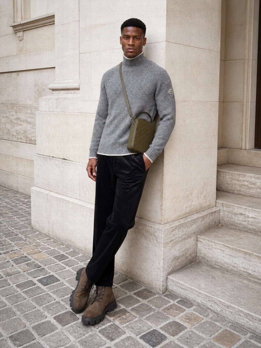 Moncler boots corduroy trousers winter outfit