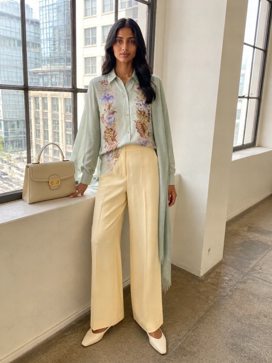 Zimmermann floral shirt buttercream wide leg pants