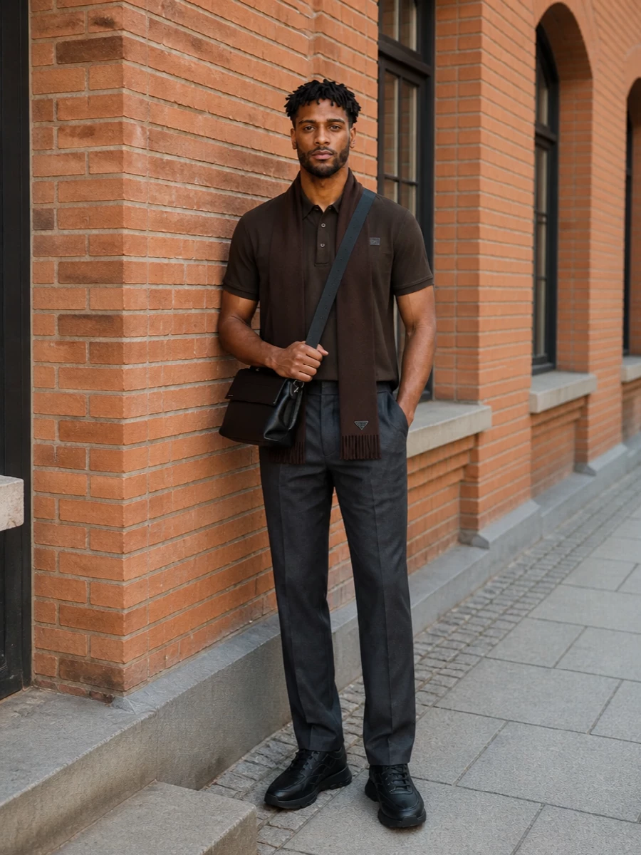 Givenchy brown polo charcoal trousers outfit