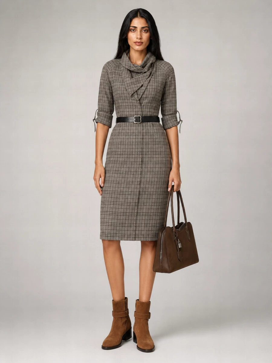 Burberry Virgin Wool Check Shawl Collar Knee-Length Dress