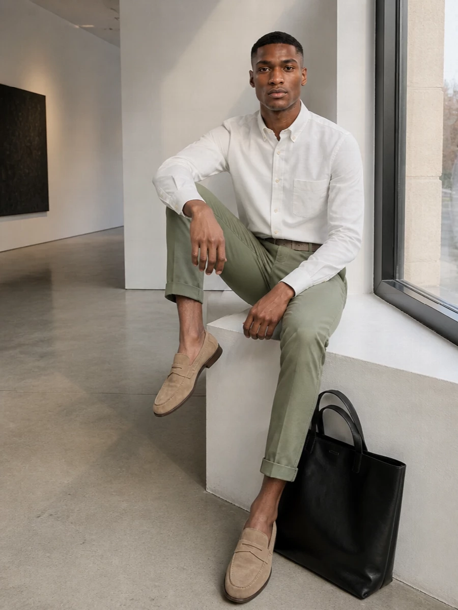 Soft sage chinos and an off-white button-down create a calm, minimal base that feels as at home in a relaxed office as at weekend brunch. Sand suede penny loafers and a matching suede belt keep the line clean and elongated, introducing texture without noise. A structured black leather tote brings a sharp, modern finish that quietly signals intention rather than effort.