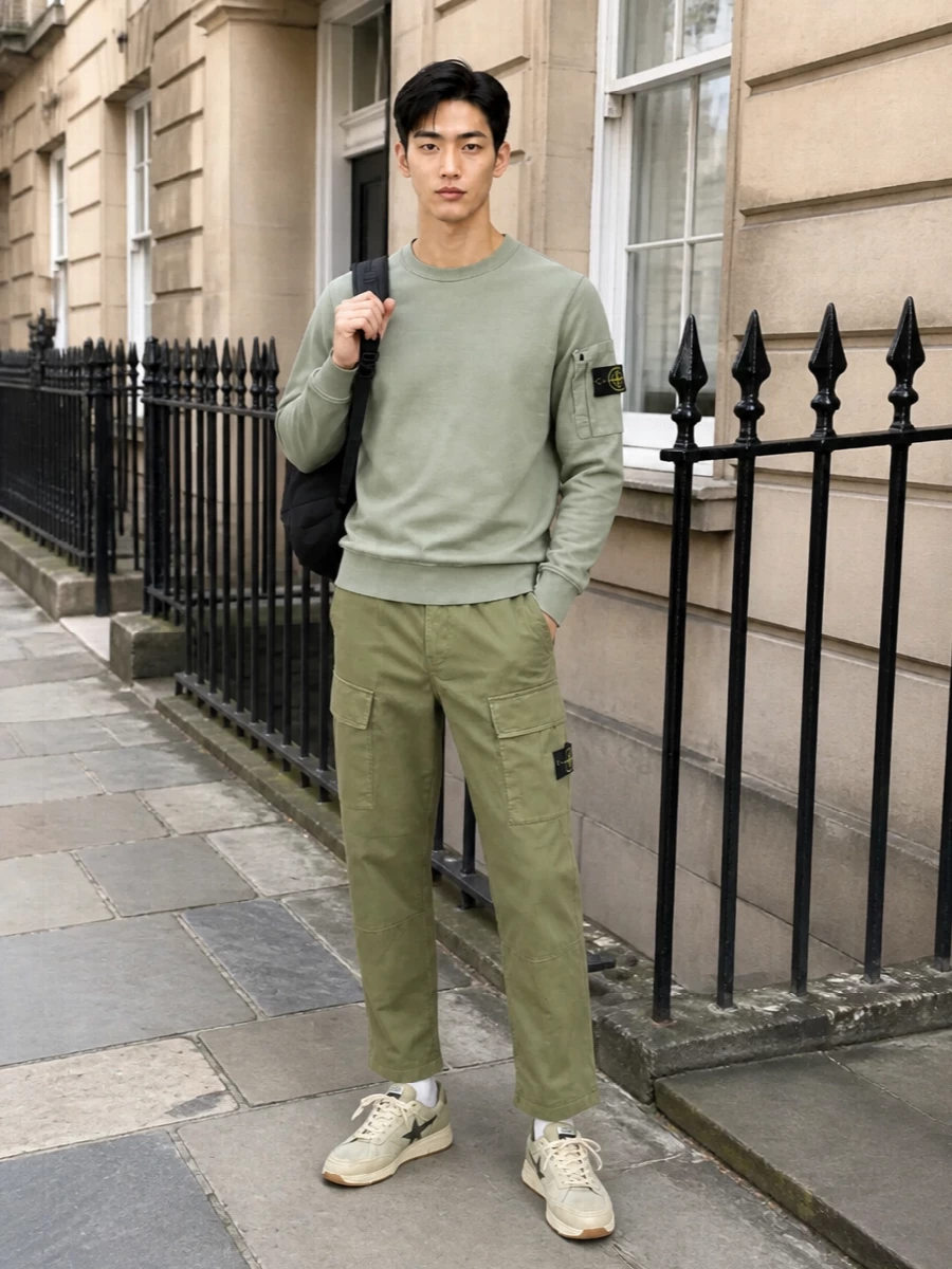 Olive cargos meet a sage Stone Island crew for a tight, tonal streetwear take that still feels easy in warm weather. Golden Goose runners keep the green story going with a cushioned, broken-in attitude, while black technical accessories sharpen everything up for city days and travel.