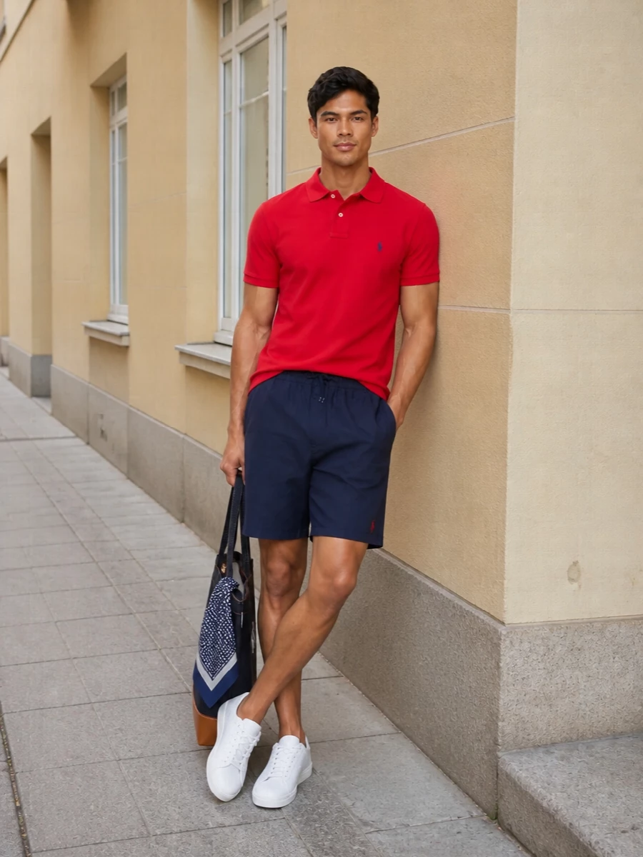 Ralph lauren red polo navy shorts white sneakers