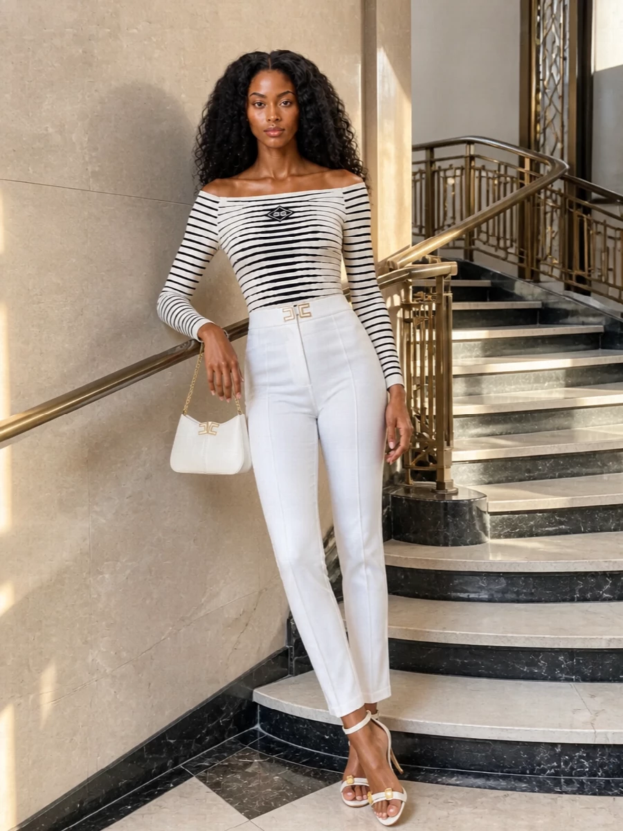 Elisabetta franchi striped bodysuit white trousers