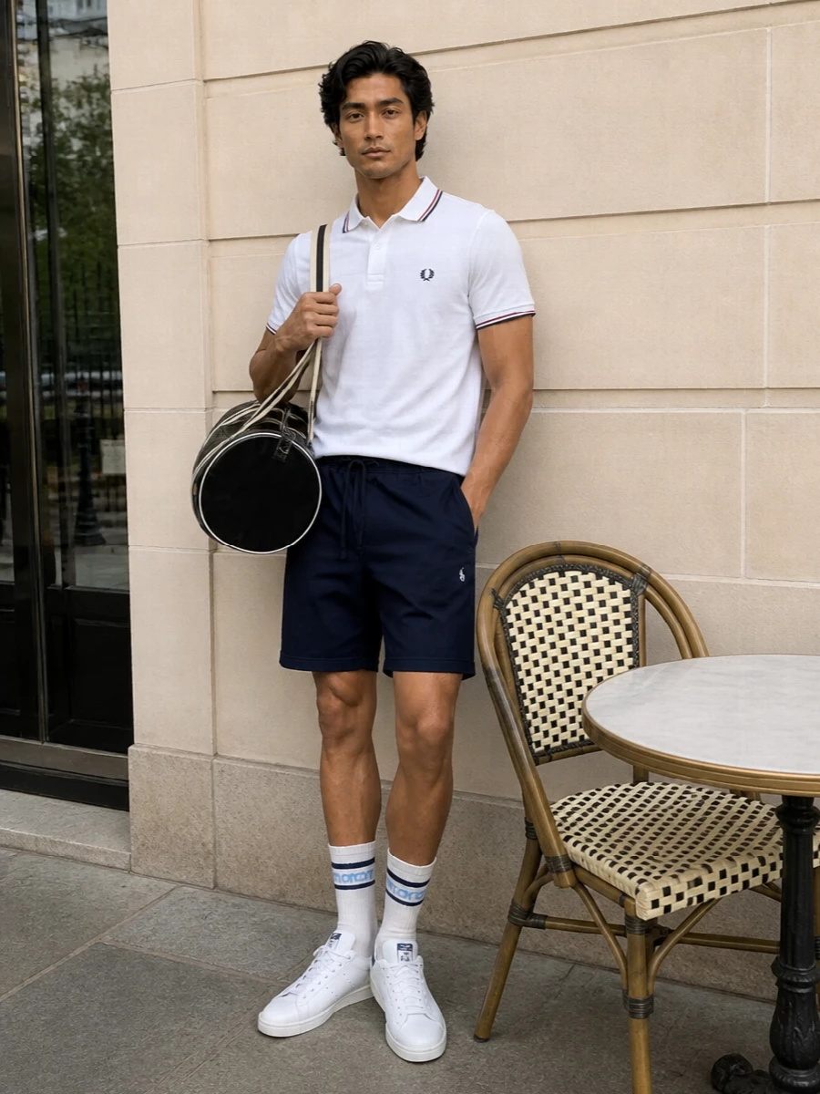 Fred perry polo navy shorts adidas sneakers