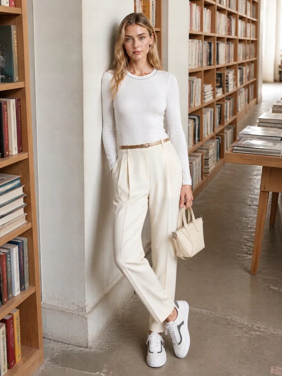 Brunello cucinelli ivory knit pleated trouser outfit