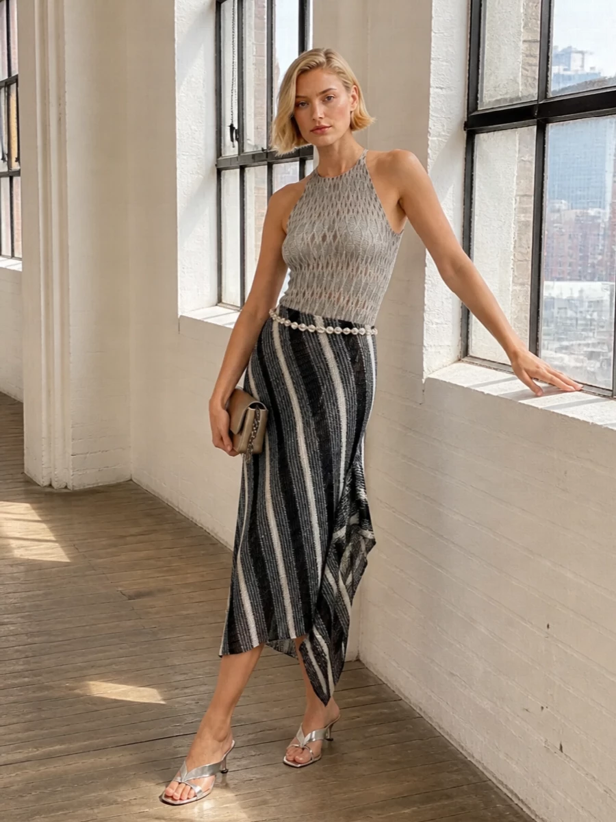 A shimmery Missoni knit-on-knit pairing turns the halterneck into a full column, with monochrome stripes and metallic texture catching the light from every angle. Mirror-finish silver mules, a slim champagne chain bag and a delicate chain belt keep the mood sleek and after-dark, adding structure without interrupting the fluid lines.