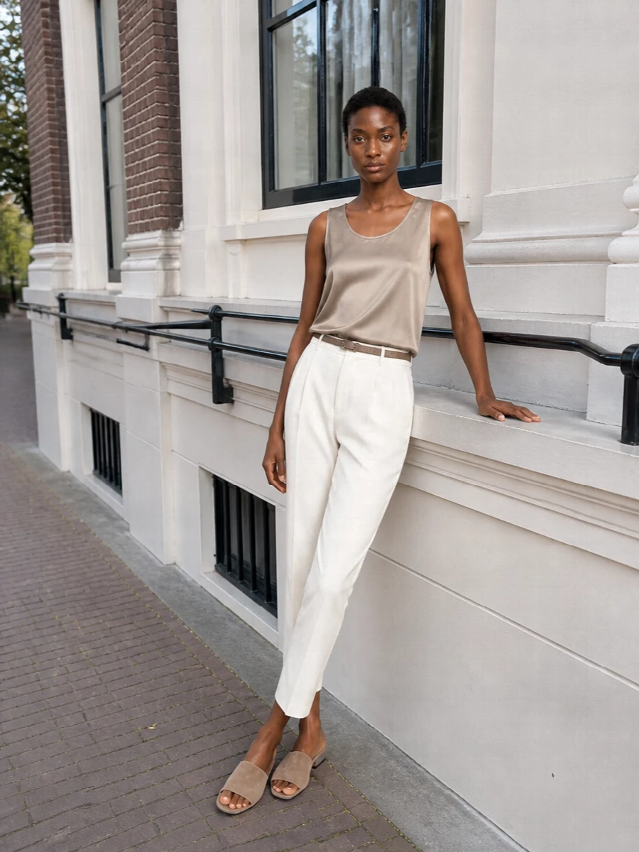 Brunello cucinelli silk tank ivory cropped trousers