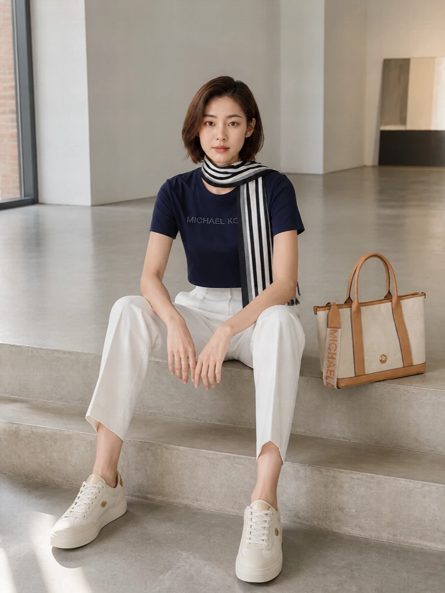 Michael kors navy crop top white pleated trousers