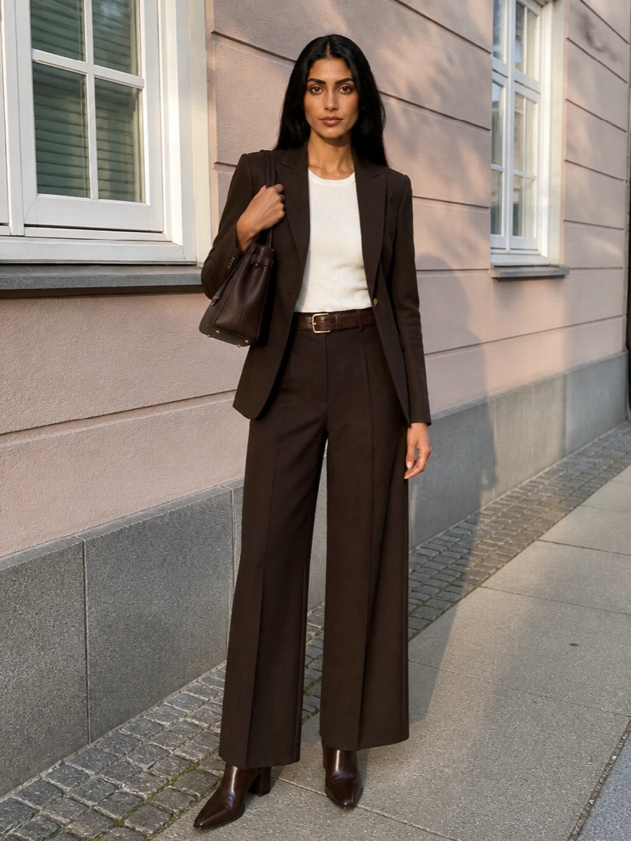 Alberta ferretti brown blazer wide leg trousers