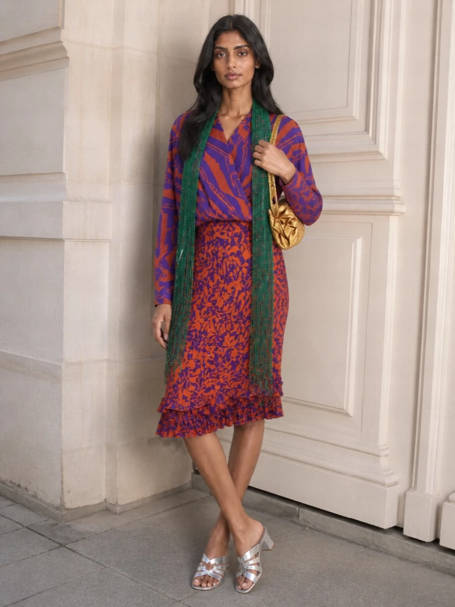 Dries van noten orange violet wrap skirt outfit