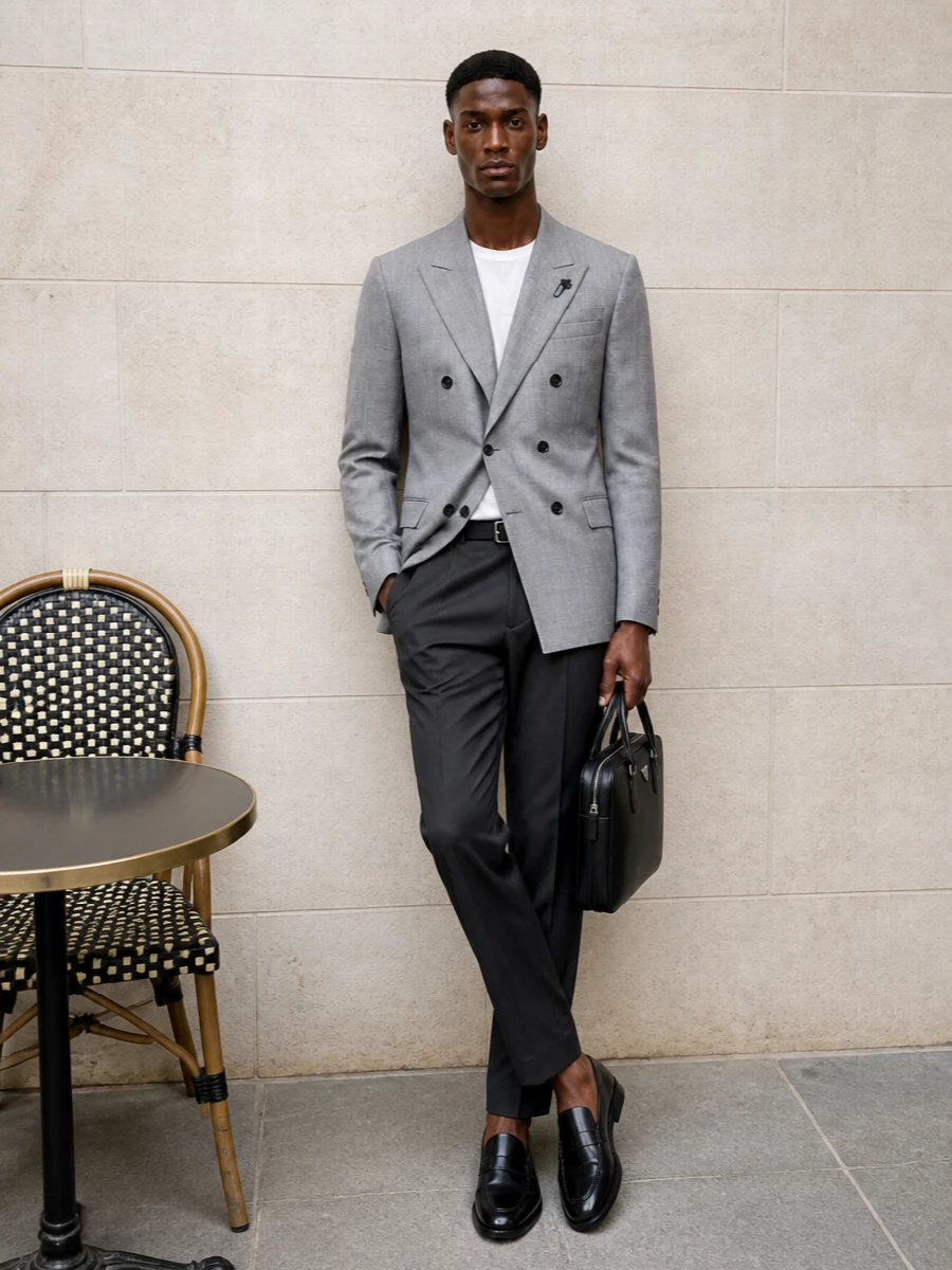 Lardini grey double breasted blazer charcoal trousers