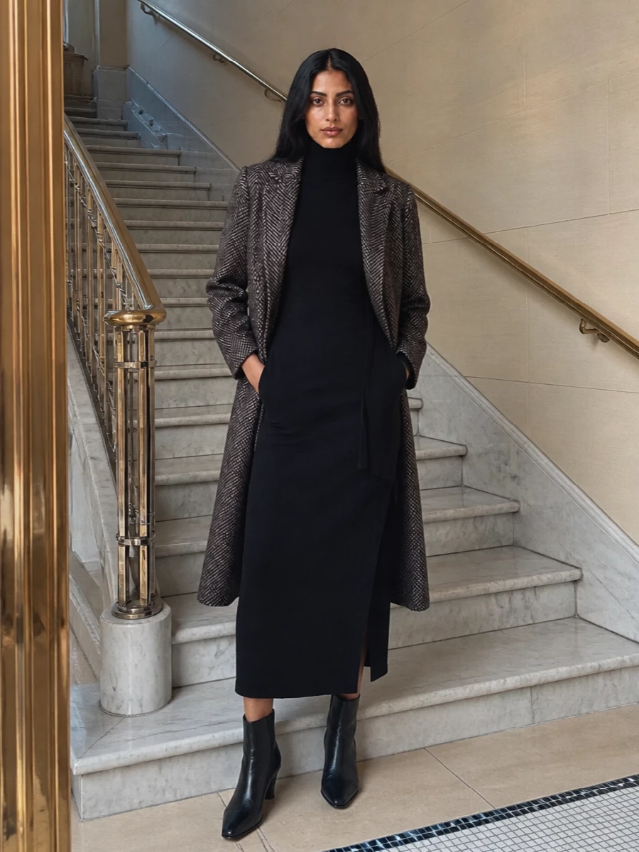 Tagliatore coat black knit midi dress outfit