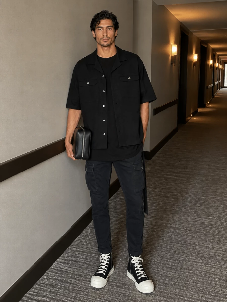 Rick owens drkshdw black jacket cargo outfit