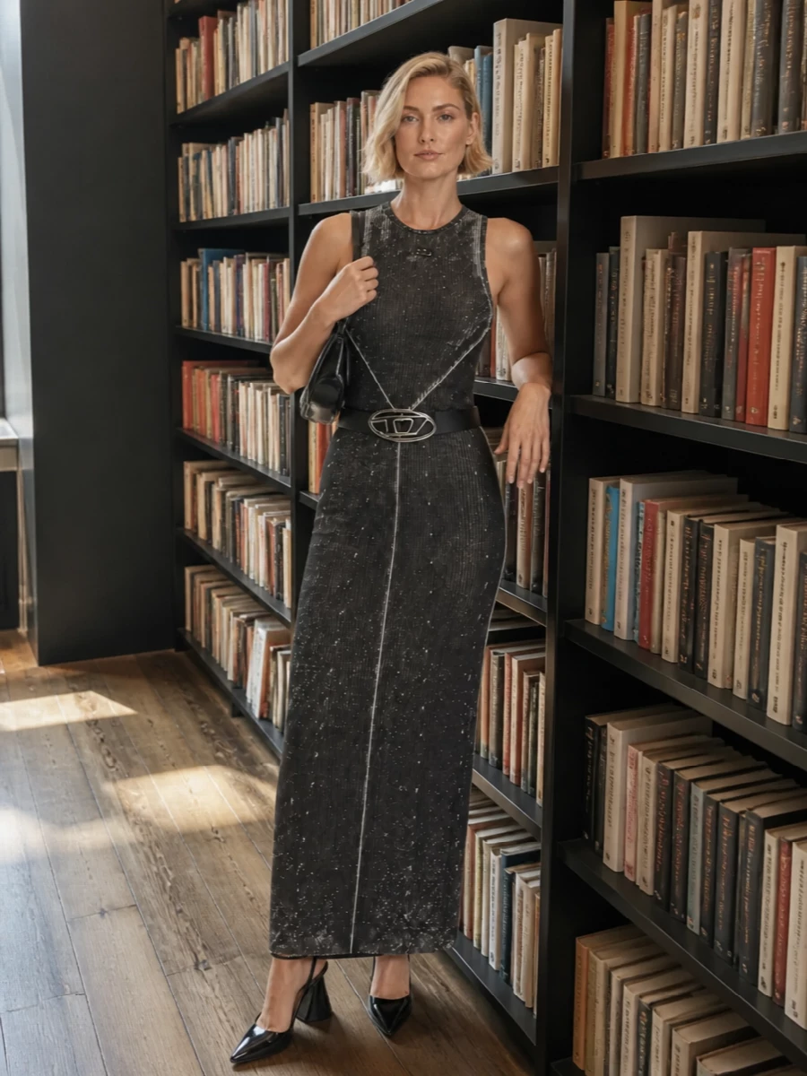 Diesel metallic maxi dress black patent heels