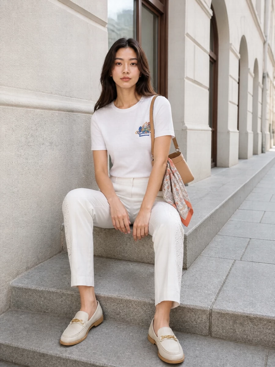 Etro embroidered crest tee ivory trousers outfit