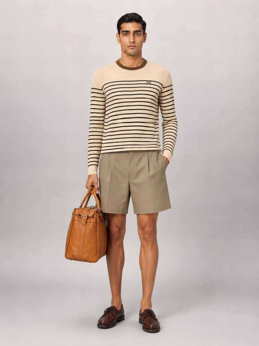 A warm, nautical palette runs through the striped Prada knit, tailored khaki shorts and chestnut boat shoes, giving a composed take on coastal dressing. The proportions stay clean and regular, so the texture and stripes do the talking while the cognac weekender quietly underlines the travel story. It feels relaxed enough for the marina but polished enough for a smart seaside lunch.