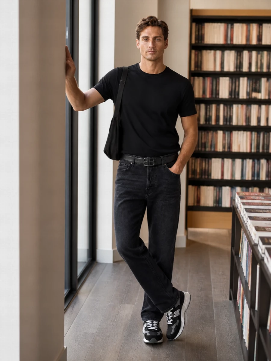 A deep black tee sits against washed black denim for a uniform that feels intentional rather than basic. Technical runners keep it grounded in the city, while a soft shoulder bag and discreet belt add just enough polish. The whole thing reads as a clean, low-noise street uniform you can wear all day, anywhere.