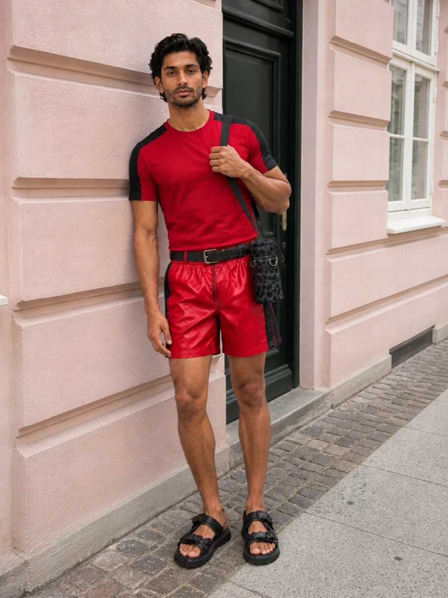 Dolce gabbana red sport shorts outfit slides