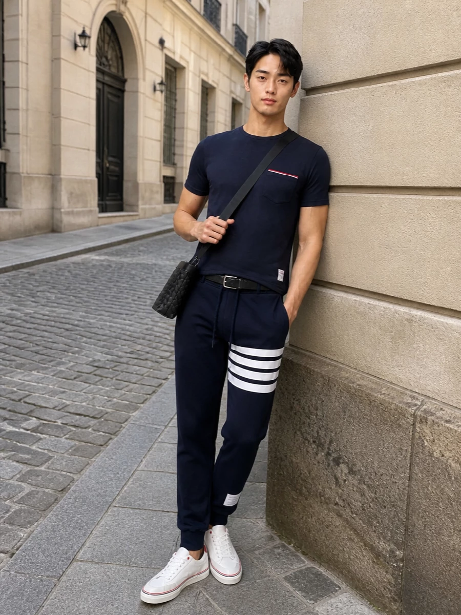 Thom browne navy logo tee joggers outfit