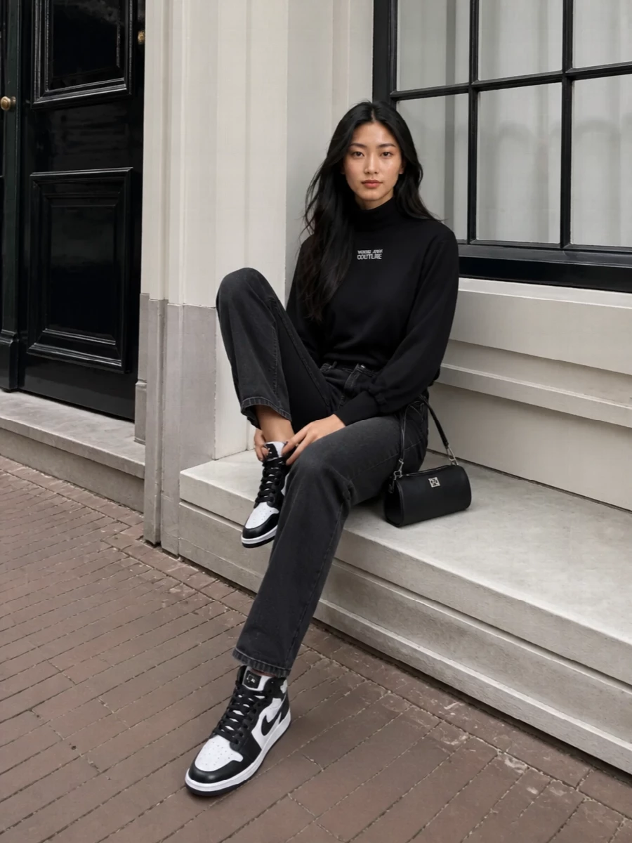 Versace jeans couture turtleneck black jeans outfit
