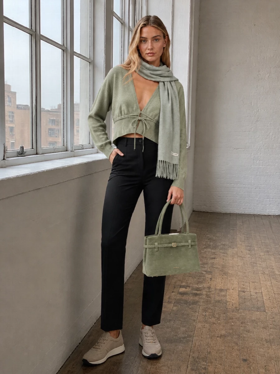 Extreme cashmere sage knit black trousers outfit