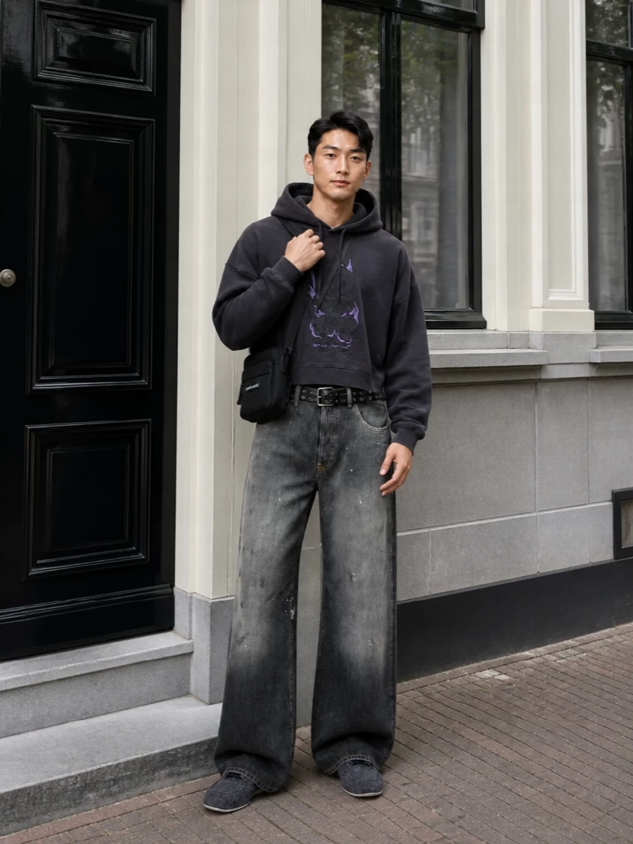 Acne studios wide leg jeans charcoal hoodie outfit