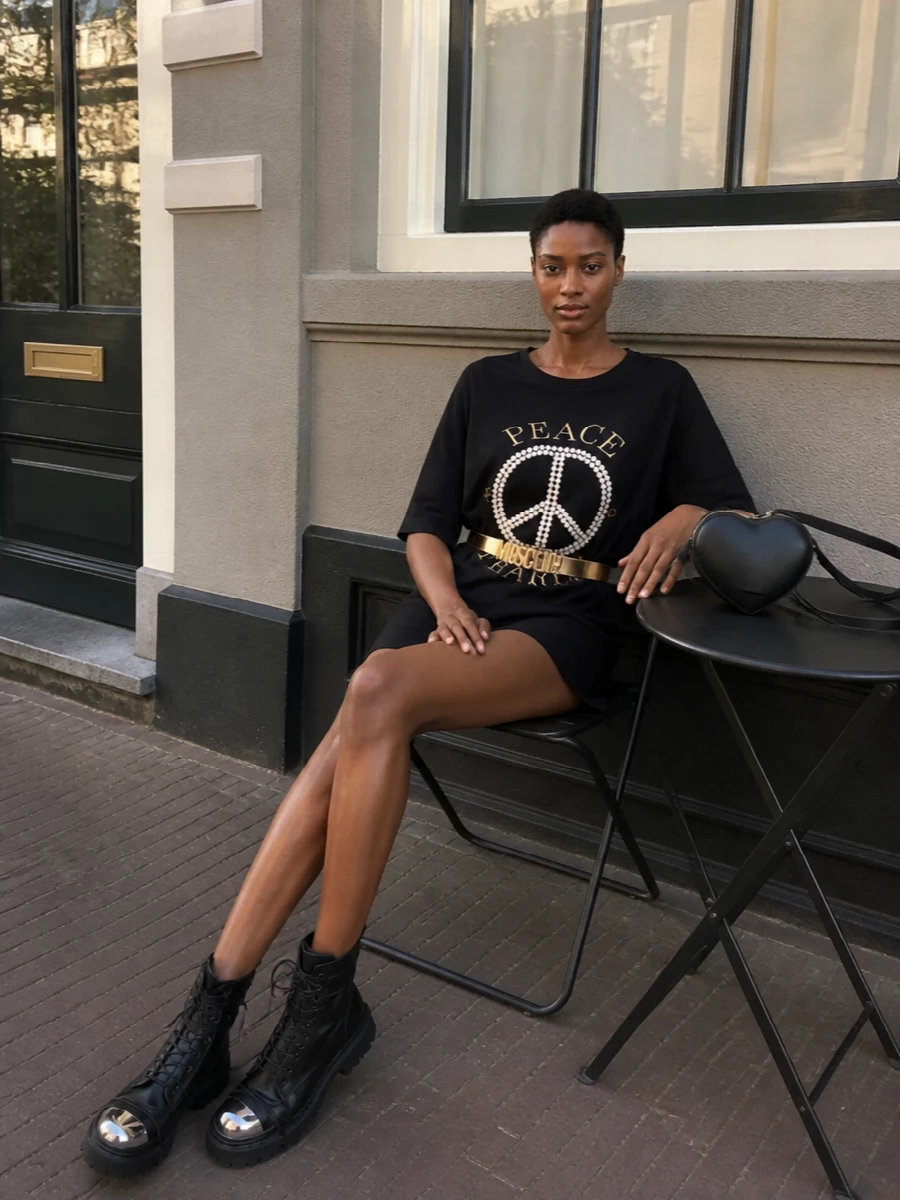 Moschino tshirt dress combat boots heart bag