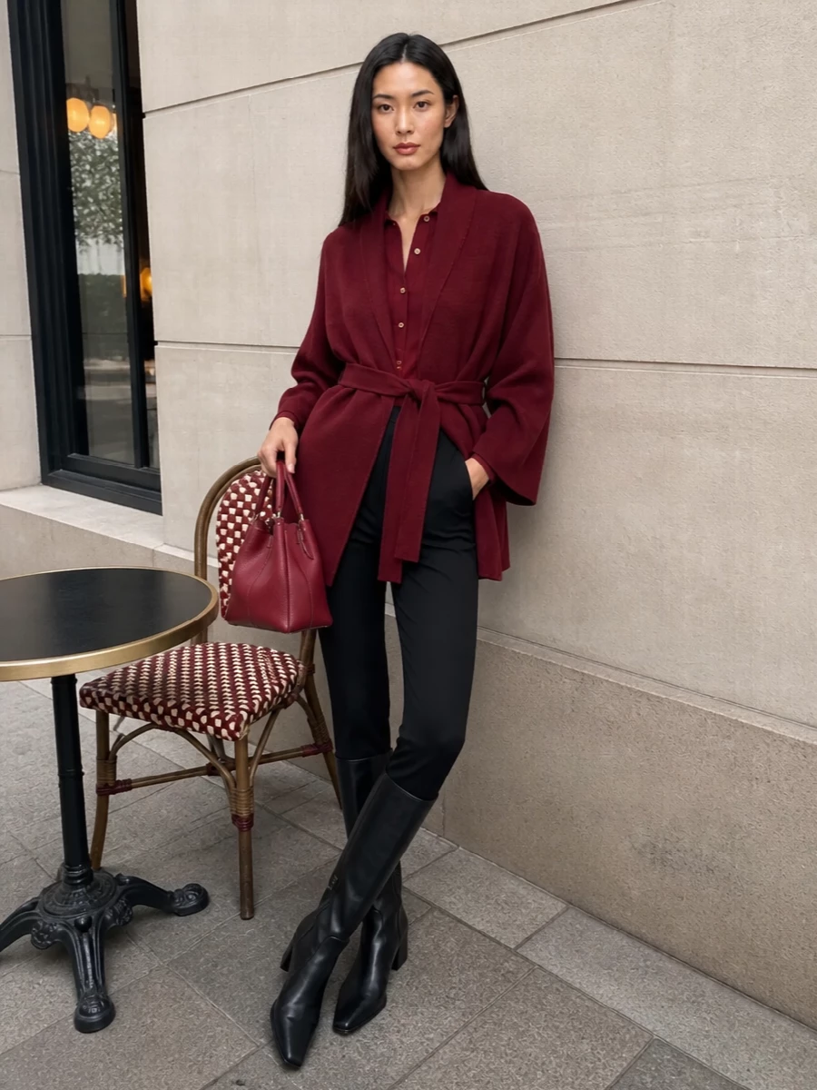 Max mara burgundy coat black trousers outfit