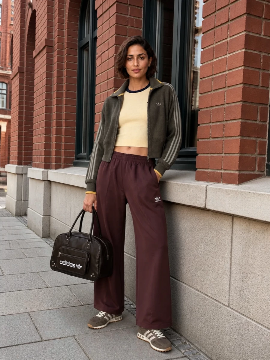 Adidas knit track jacket wide leg pants outfit