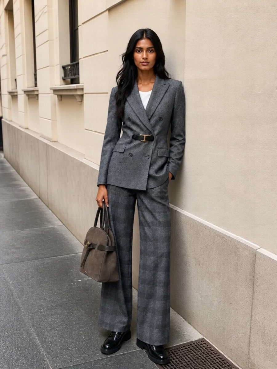 Tagliatore blazer grey wide leg trousers outfit