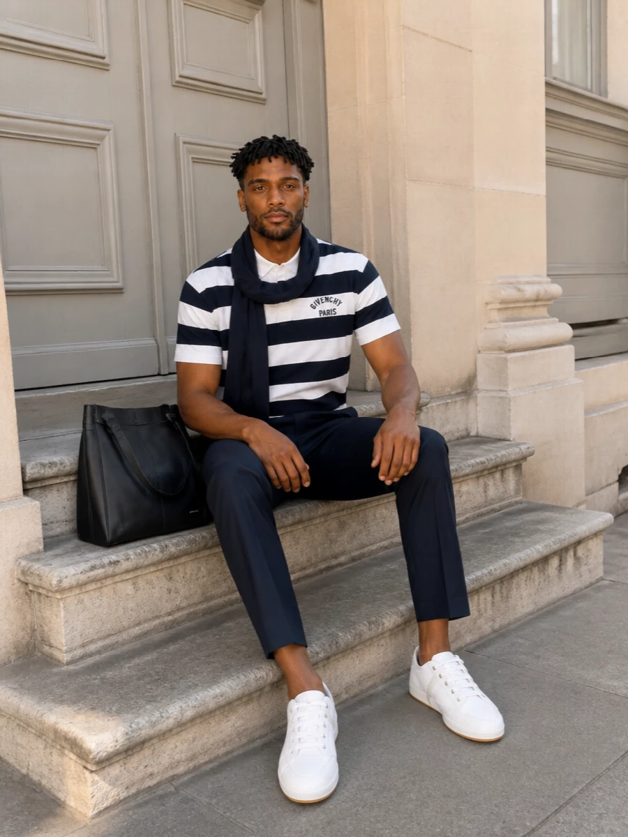 Givenchy striped polo navy trousers white sneakers
