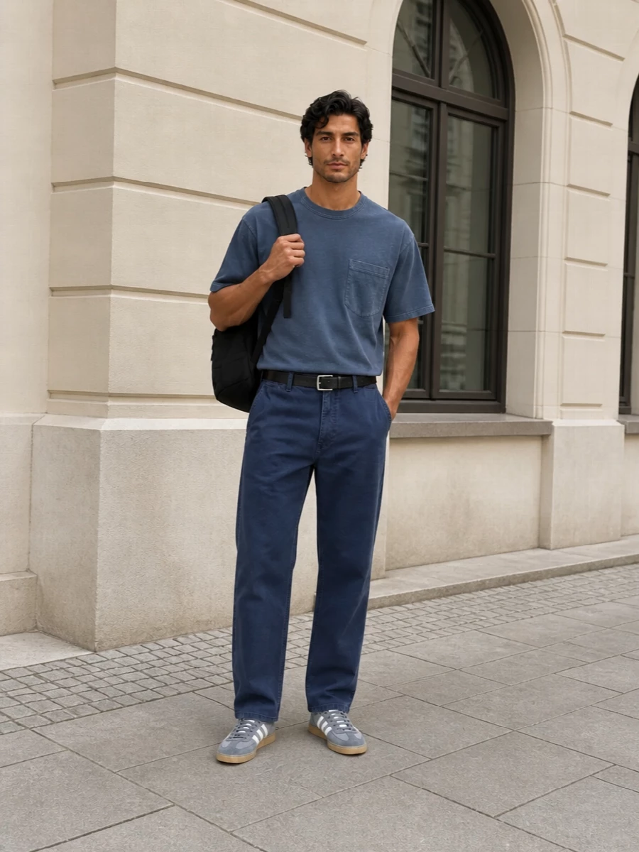Carhartt blue work pants slate tee adidas sneakers
