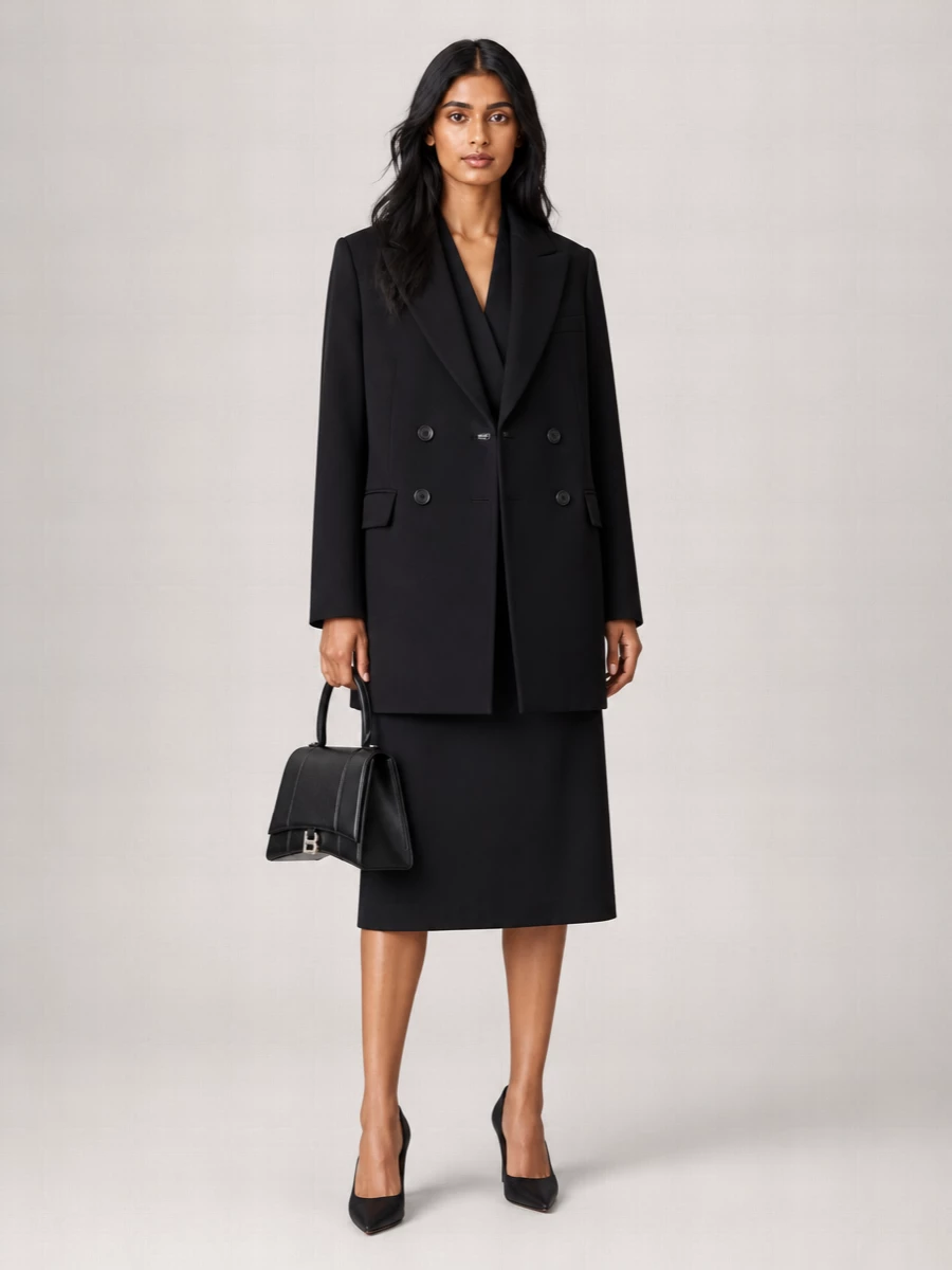I am taking the dress route here, letting a single sharp, tailored black midi run clean under the double-breasted coat rather than adding a second layer of suiting. The result is a controlled, vertical silhouette in pure black with precise shoulders, a subtle lapel echo and a pointed pump, all finished with a sculptural top-handle bag for confident city evenings and serious days that end late.