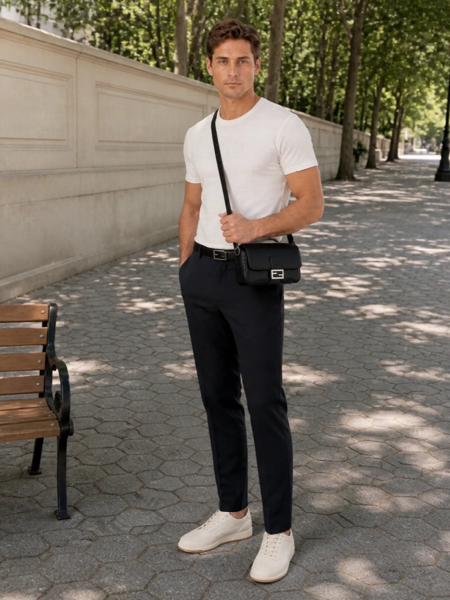 Fendi embroidered tee charcoal trousers outfit