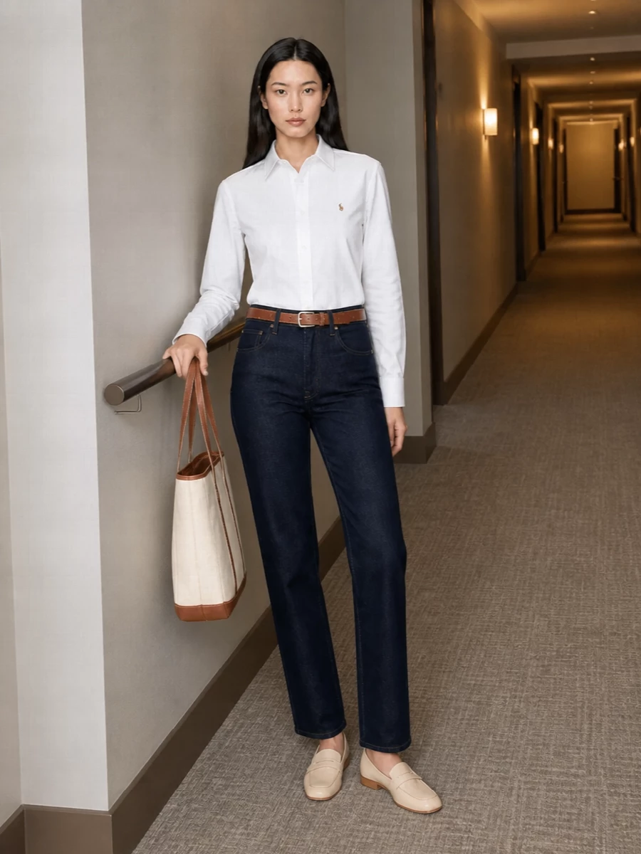 Ralph lauren dark jeans white shirt loafers