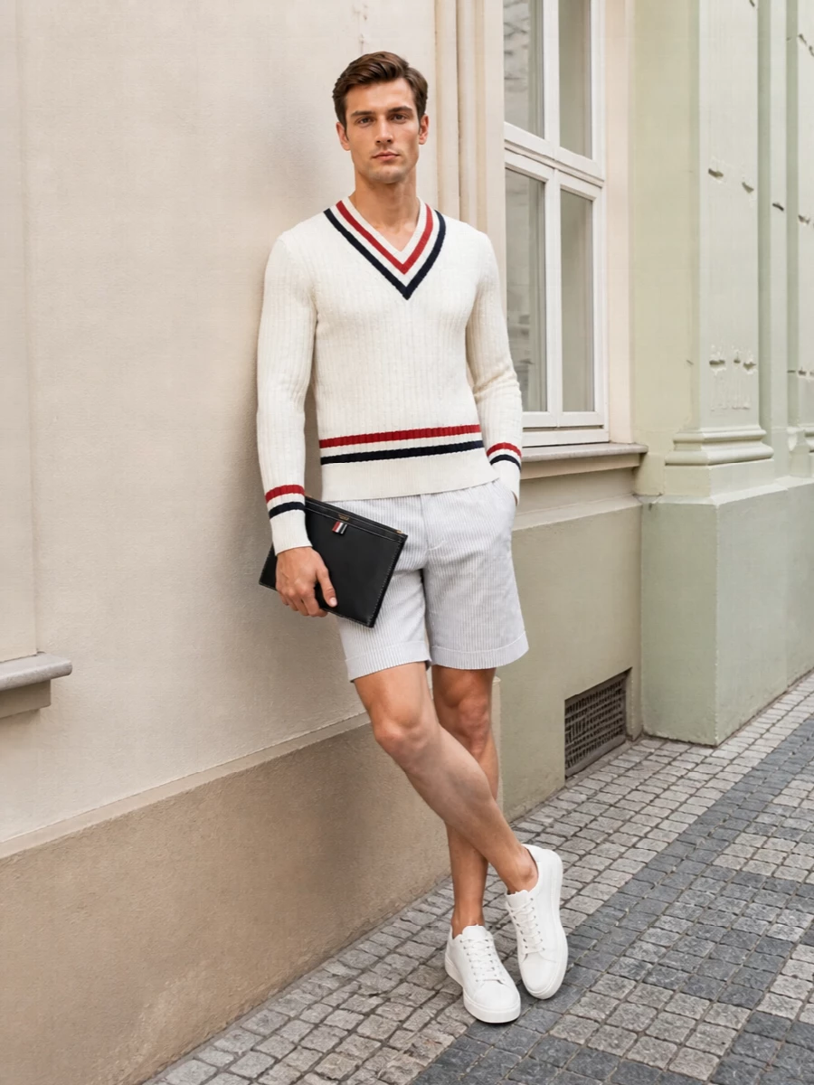 Thom browne striped knit tailored shorts sneakers