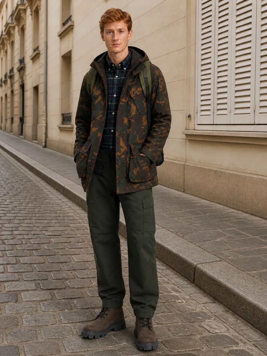 Barbour camo parka cargo pants hiking boots