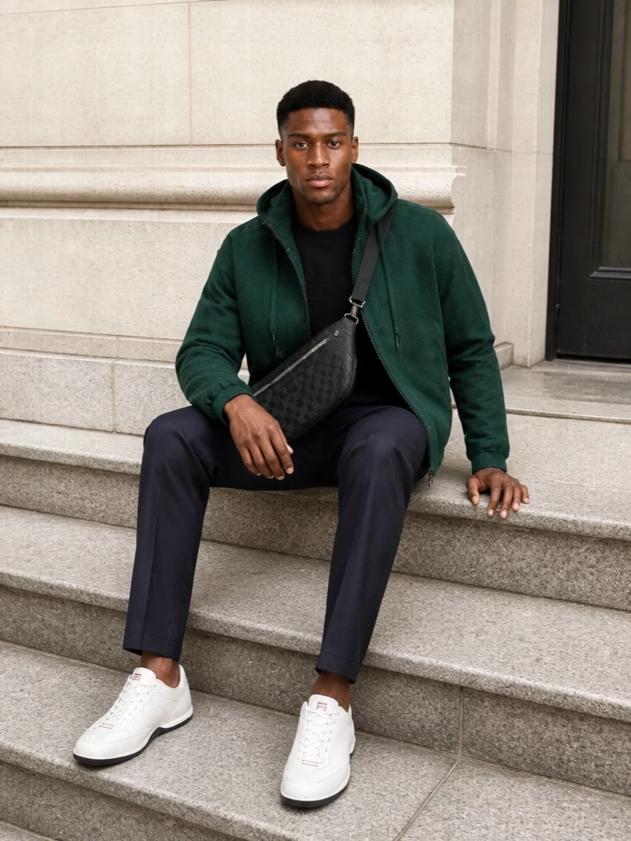 Gucci green hooded jacket navy trousers outfit