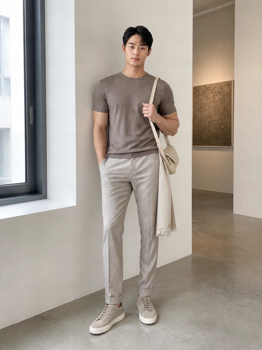 A softly structured taupe tee sits over pale tailored trousers for a calm, tonal take on smart casual. Taupe suede sneakers and a slim buttercream shoulder bag keep the lines clean and modern, all in whisper-quiet neutrals. The result is polished enough for city days yet relaxed enough for long, warm afternoons.