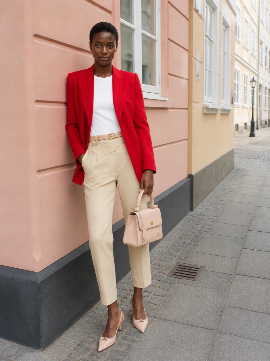 Blaze milano red blazer beige cropped trousers