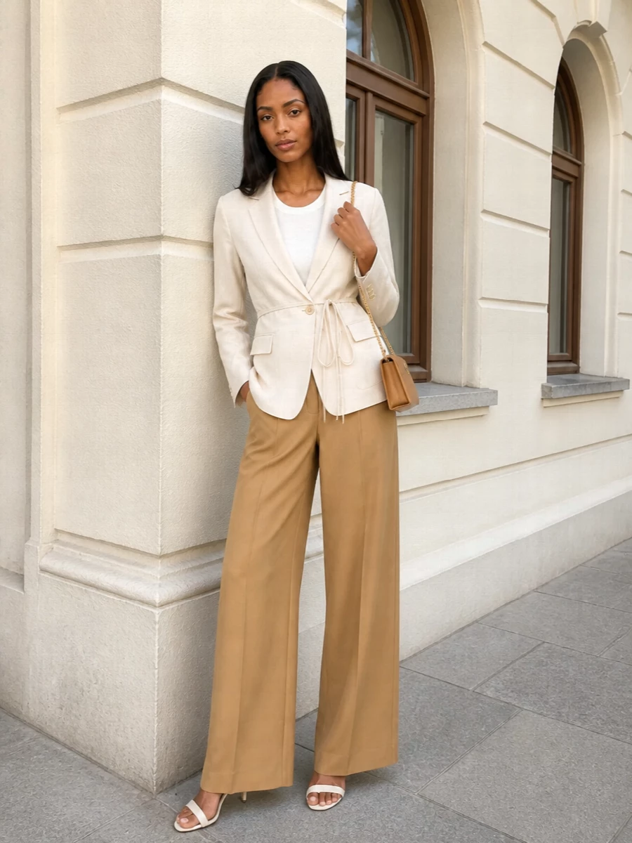 A softly structured ivory blazer and camel wide leg create a long, tonal column that feels precise yet relaxed. The cream ankle-strap sandal and slim camel cross-body keep the silhouette light, clean and quietly polished for warm-season boardroom days and dinners. Neutrals stay close in tone so the interest comes from proportion and texture rather than contrast.