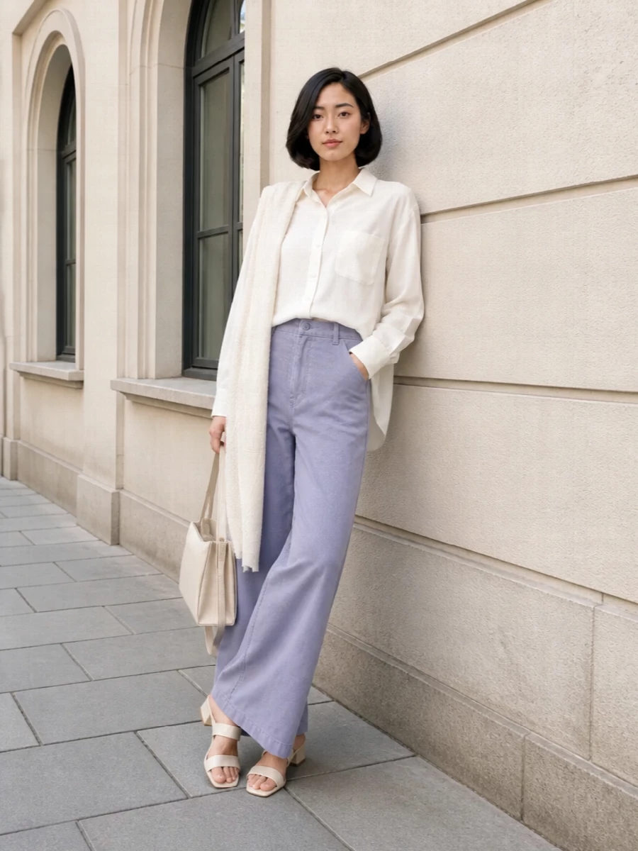 Soft periwinkle wide-leg trousers meet a crisp ivory boxy shirt for a clean, relaxed take on warm weather tailoring. Cream block-heel mules and a structured cream shoulder bag keep the palette light and coherent, adding just enough polish for city days. An airy ivory scarf finishes the mix with quiet texture and a subtle link between the cool blues and warm neutrals.