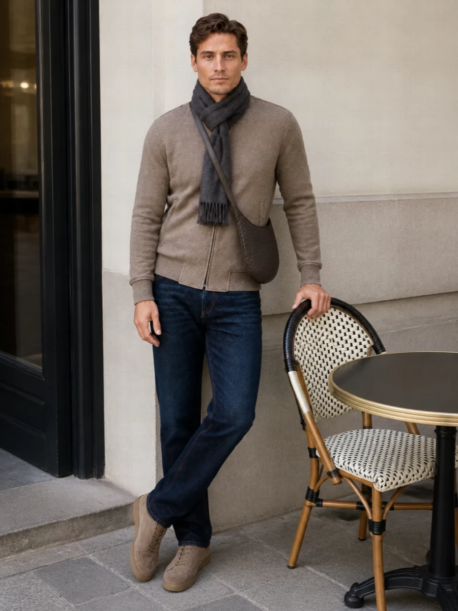 Etro bomber dark jeans zegna sneakers
