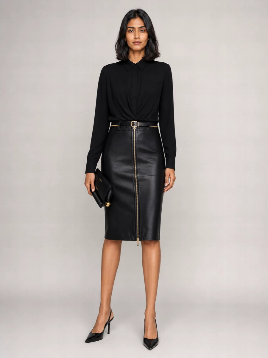 Elisabetta Franchi Leather High-Rise Midi Pencil Skirt