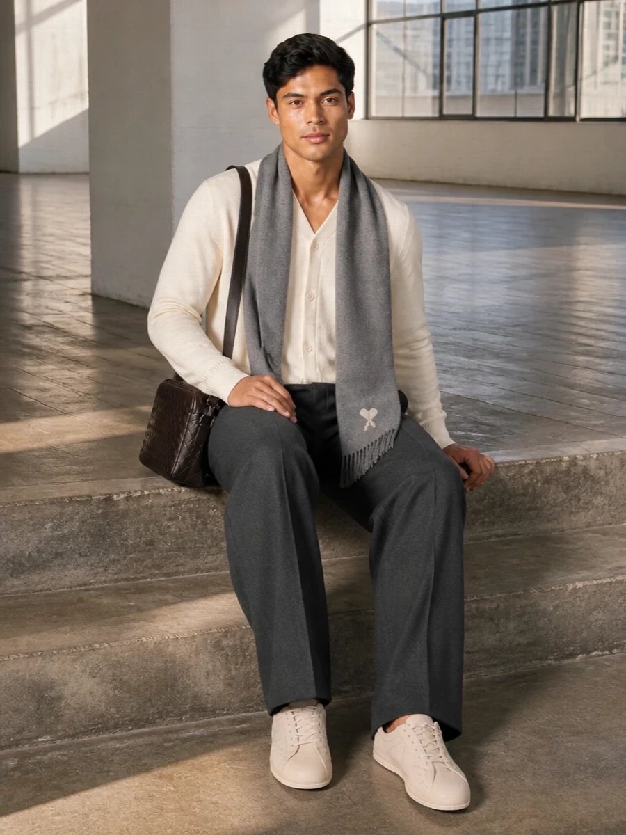 A cropped off‑white cardigan sits over high‑rise charcoal wide‑leg trousers for a quiet, modern take on tailored comfort. Cream low‑profile sneakers keep the line light, while a deep espresso crossbody and soft grey scarf add depth without breaking the calm palette.