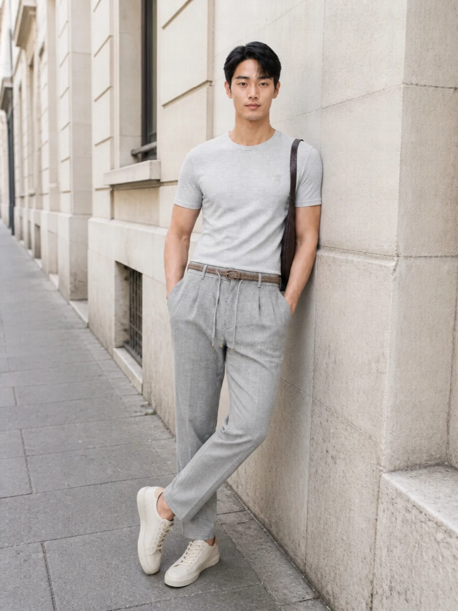 The heather grey Brunello tee is paired with light grey drawstring trousers for a tonal, softly tailored take on off-duty dressing that feels impeccably relaxed yet put-together. Eggshell-and-sand low-top sneakers keep the palette airy and refined, while the taupe braided belt and deep espresso crossbody introduce just enough texture and depth to underline the quiet luxury of the look without disturbing its minimalism.